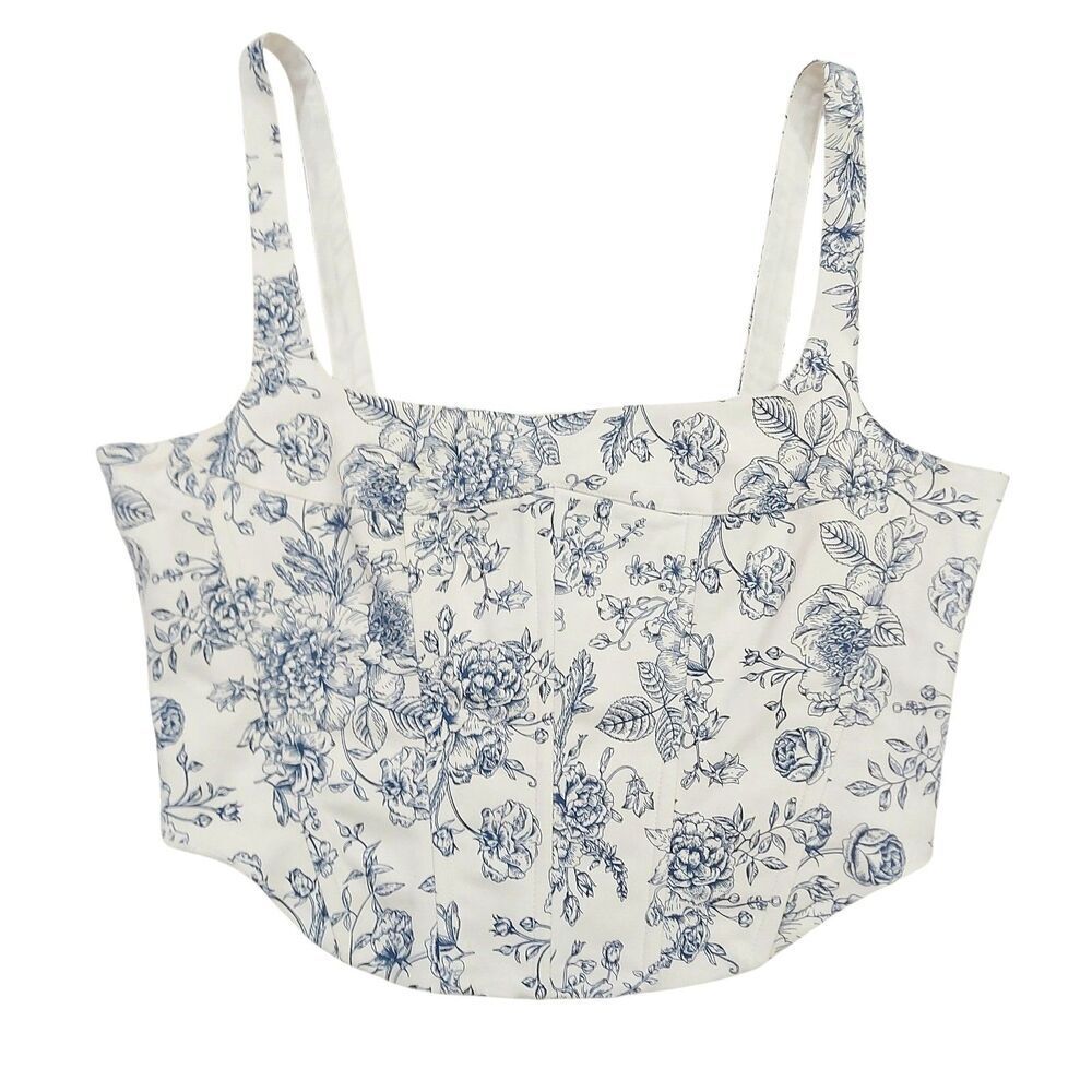 Christian Lacroix Toile Corset Crop Top Womens Small Blue White Floral Y2K